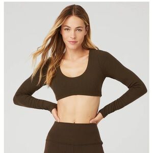 Alo Ribbed Defined Long Sleeve Bra Espresso Small